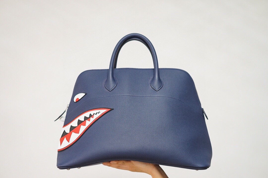 Hermes limited edition Bleu Nuit Togo Leather Shark Bolide 45 with palladium hardware