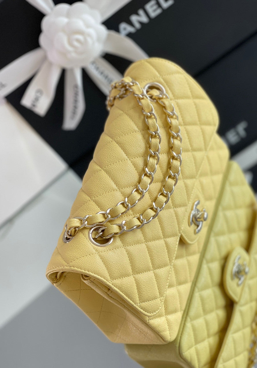 CHANEL Yellow Caviar Leather Classic Double Flap 2.55 Shoulder Bag Silver HW 2023