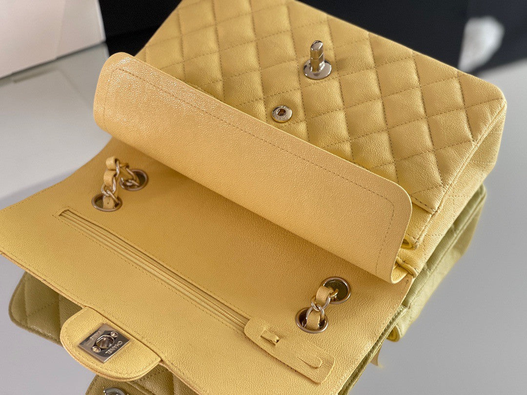 CHANEL Yellow Caviar Leather Classic Double Flap 2.55 Shoulder Bag Silver HW 2023