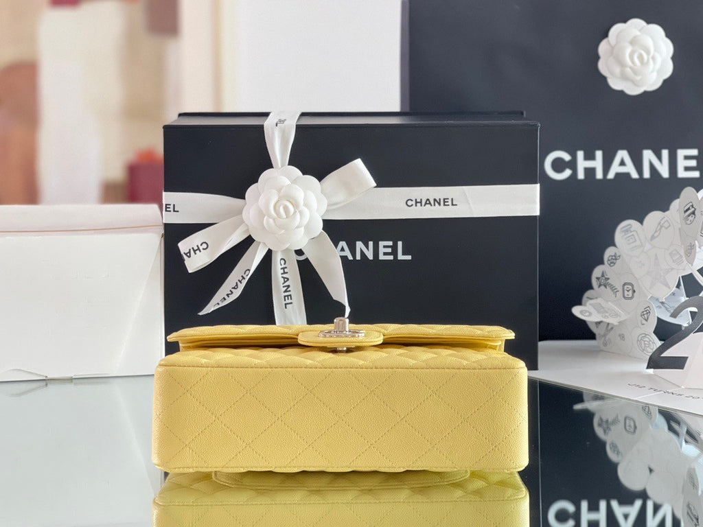 CHANEL Yellow Caviar Leather Classic Double Flap 2.55 Shoulder Bag Silver HW 2023