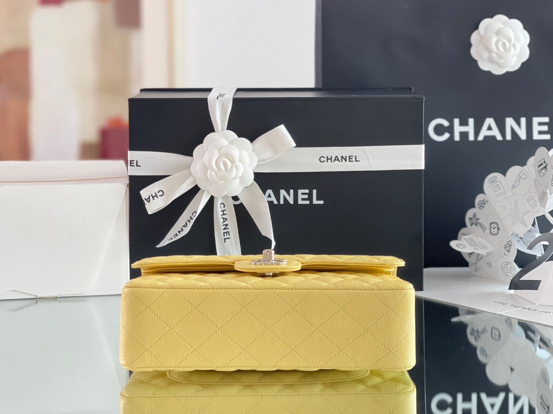 CHANEL Yellow Caviar Leather Classic Double Flap 2.55 Shoulder Bag Silver HW 2023