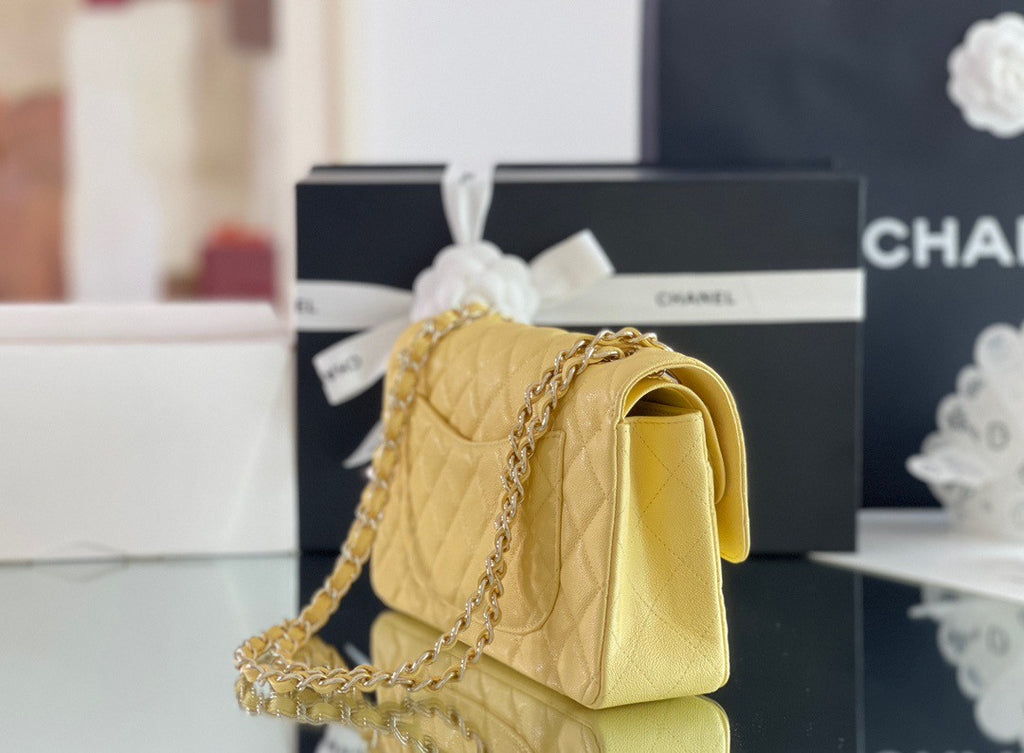 CHANEL Yellow Caviar Leather Classic Double Flap 2.55 Shoulder Bag Silver HW 2023