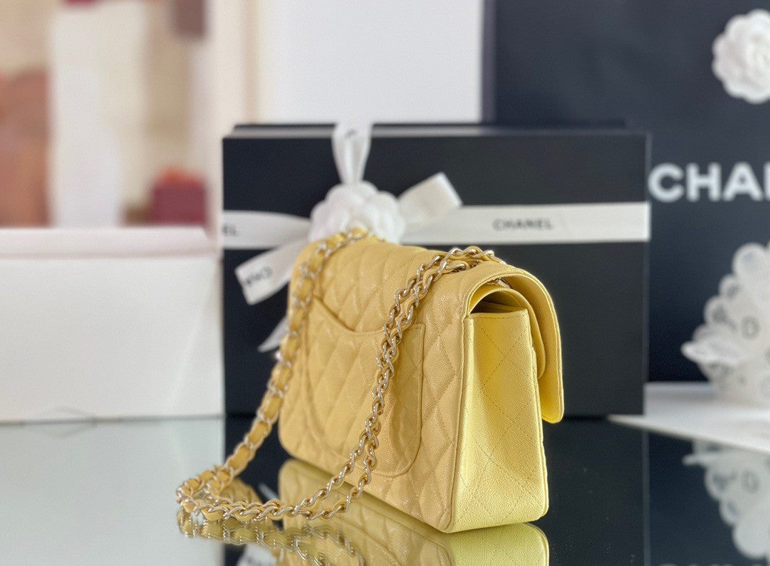 CHANEL Yellow Caviar Leather Classic Double Flap 2.55 Shoulder Bag Silver HW 2023