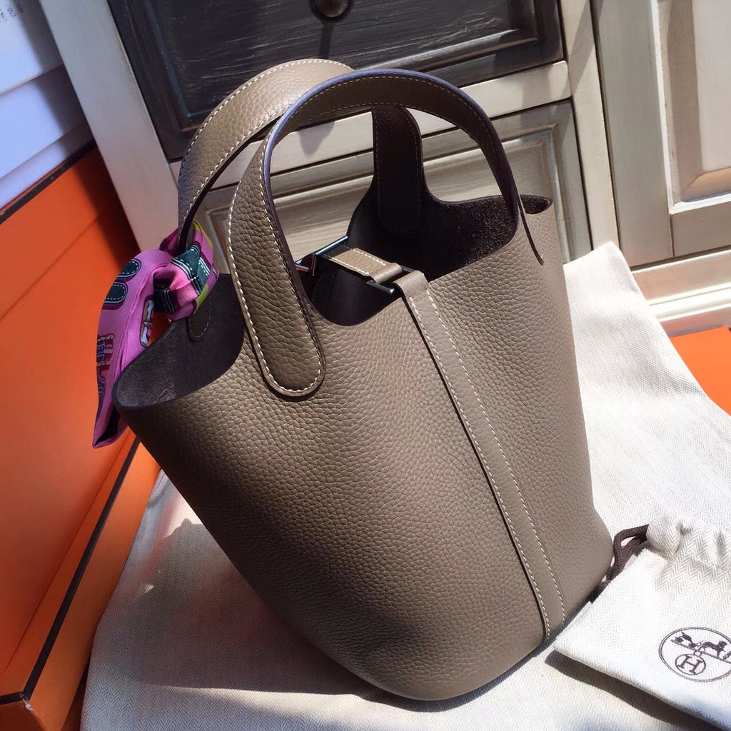 Hermes  18 Etoupe Picotin Lock GM Togo Leather Bag
