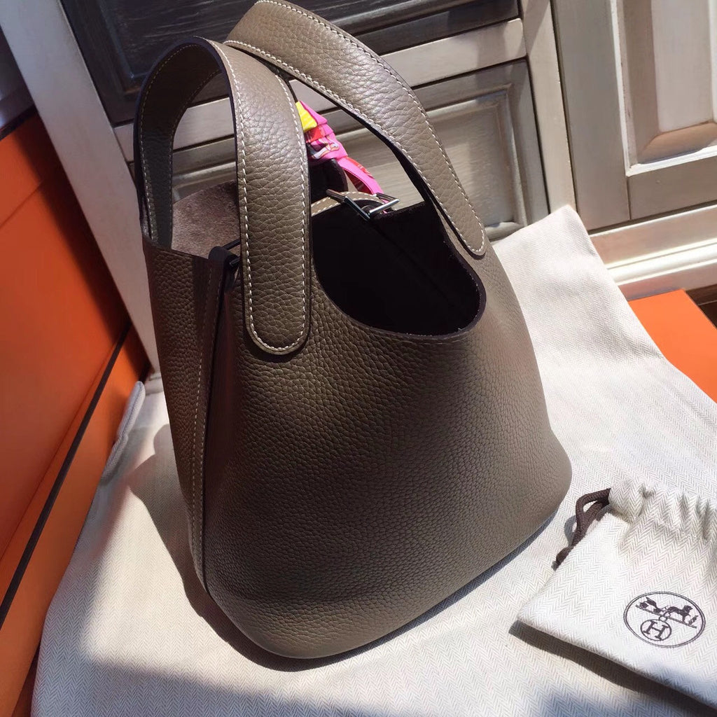 Hermes  18 Etoupe Picotin Lock GM Togo Leather Bag