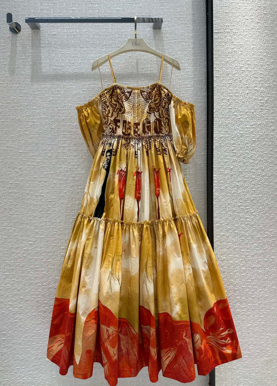 Christian Dior LONG DRESS Cotton and Silk Poplin with Fuego Motif