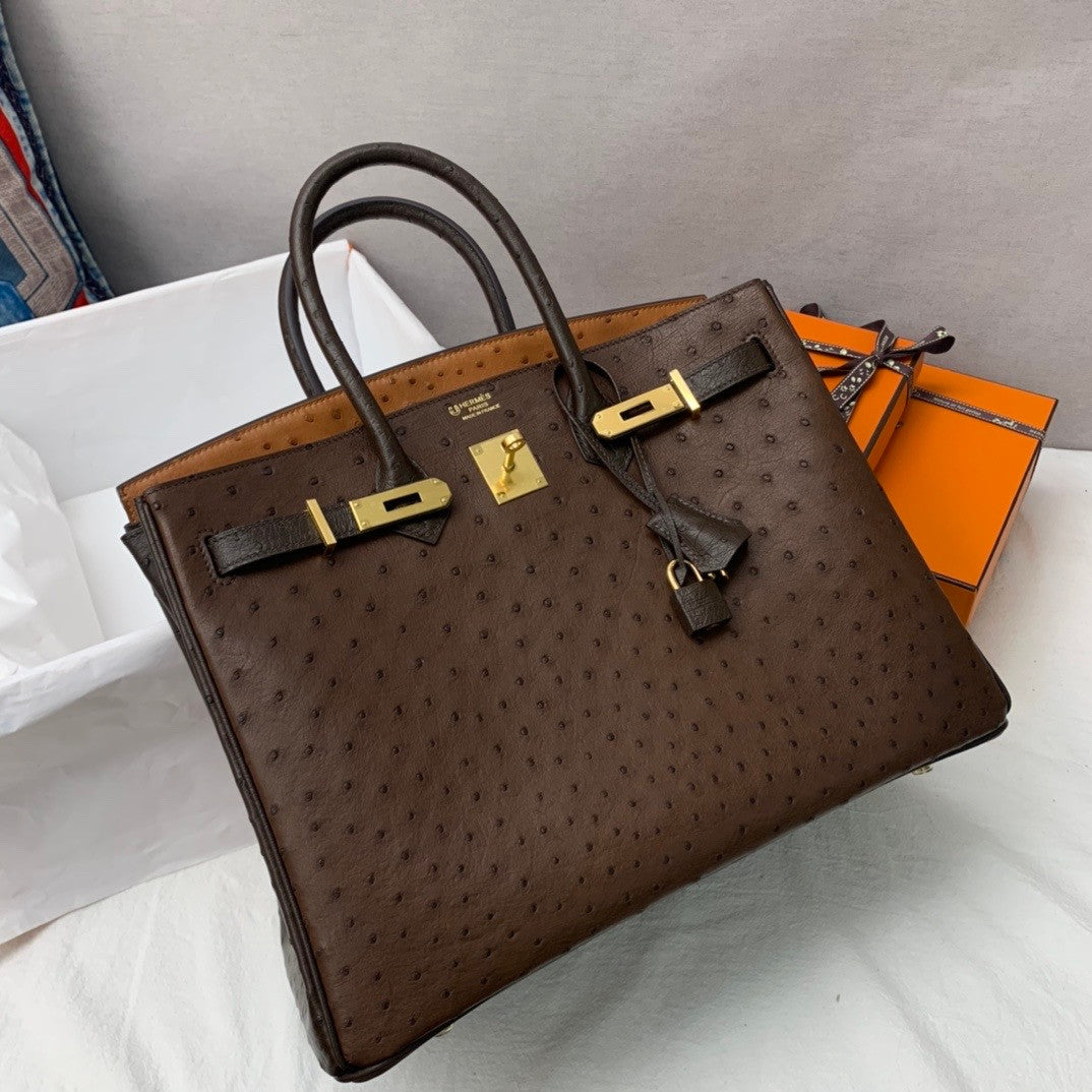 Hermès Special Order Horseshoe Ostrich Birkin 35 GHW 37Gold/47Chocolate/46 Ebene