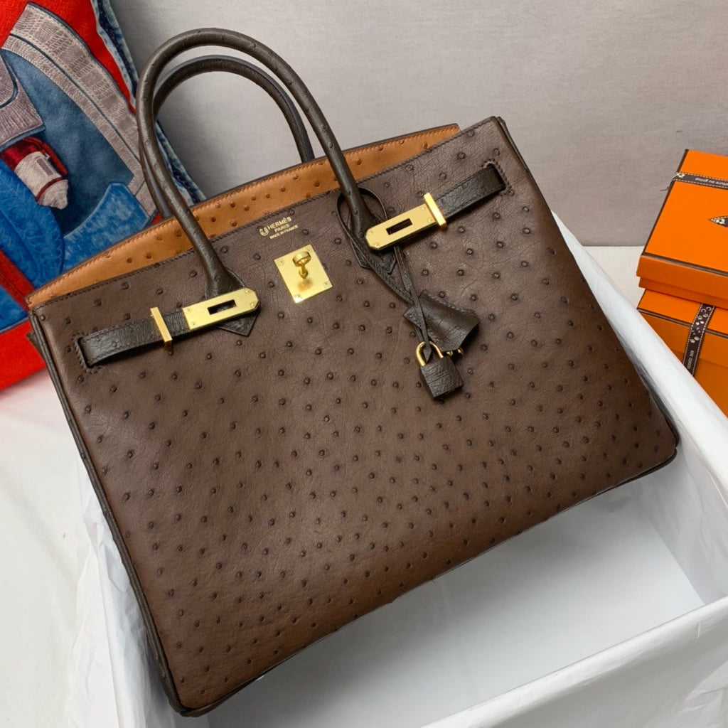 Hermès Special Order Horseshoe Ostrich Birkin 35 GHW 37Gold/47Chocolate/46 Ebene