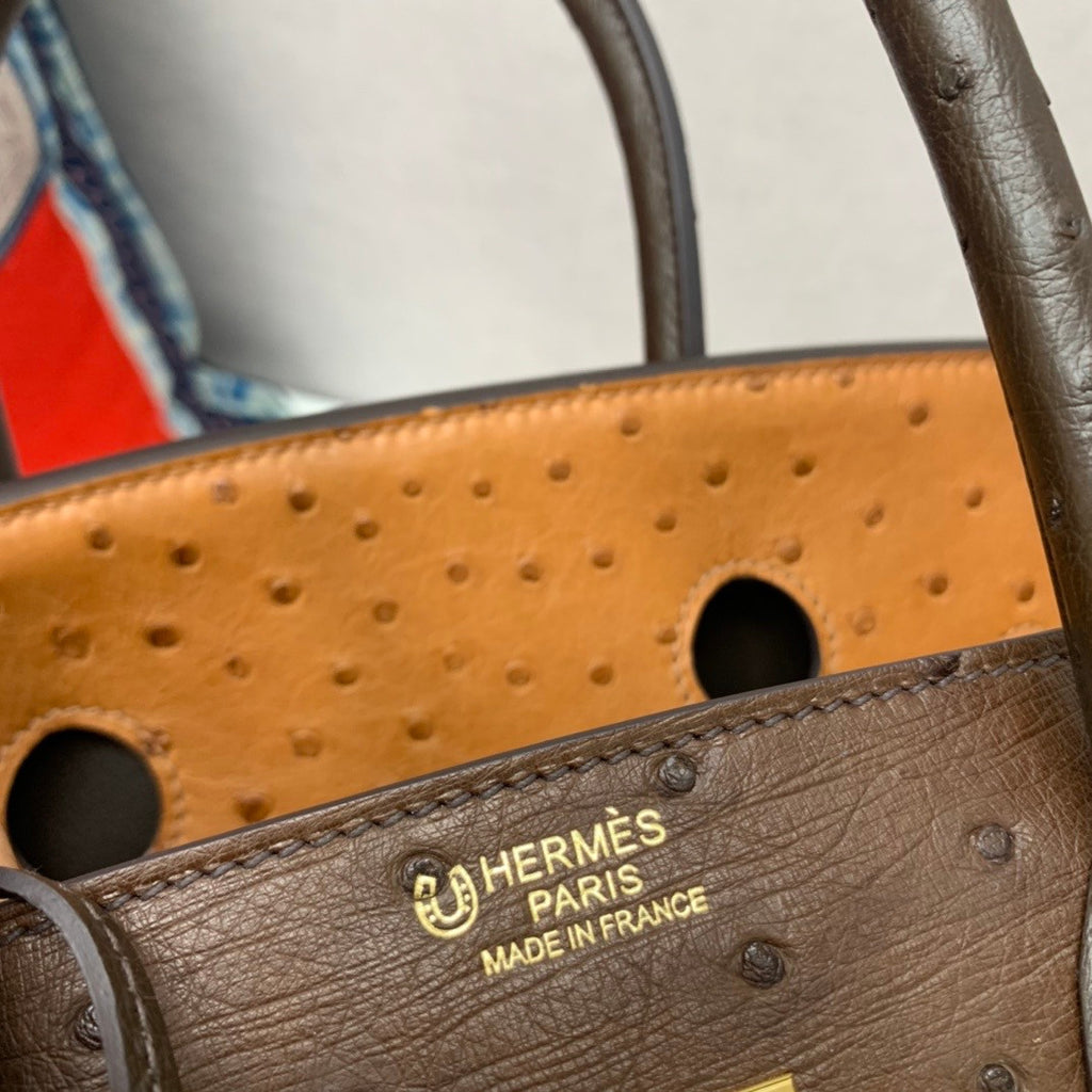 Hermès Special Order Horseshoe Ostrich Birkin 35 GHW 37Gold/47Chocolate/46 Ebene
