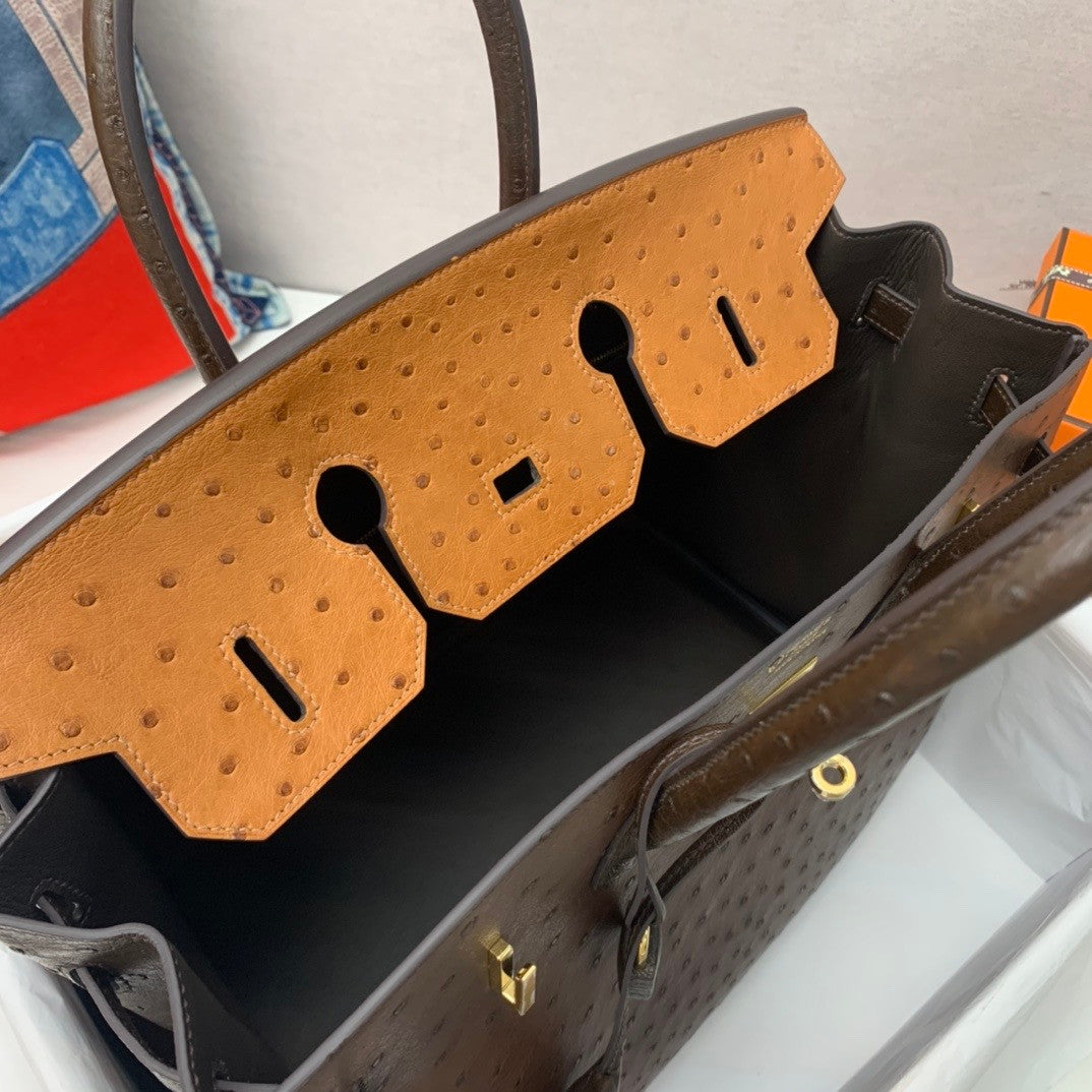 Hermès Special Order Horseshoe Ostrich Birkin 35 GHW 37Gold/47Chocolate/46 Ebene