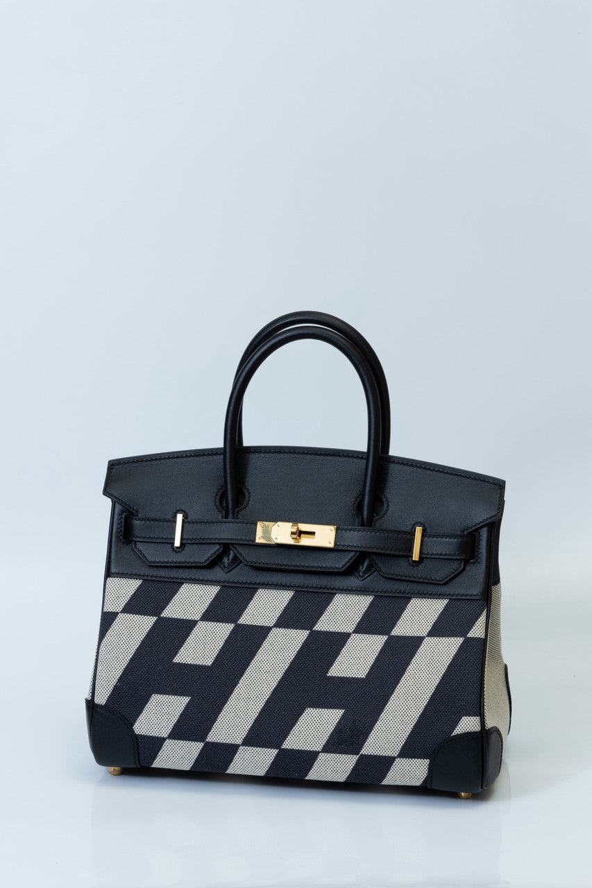 Hermes BIRKIN 35 BLACK COURCHEVEL WITH PAINTED ULYSSES TOILE CANVAS & GOLD HARDWARE
