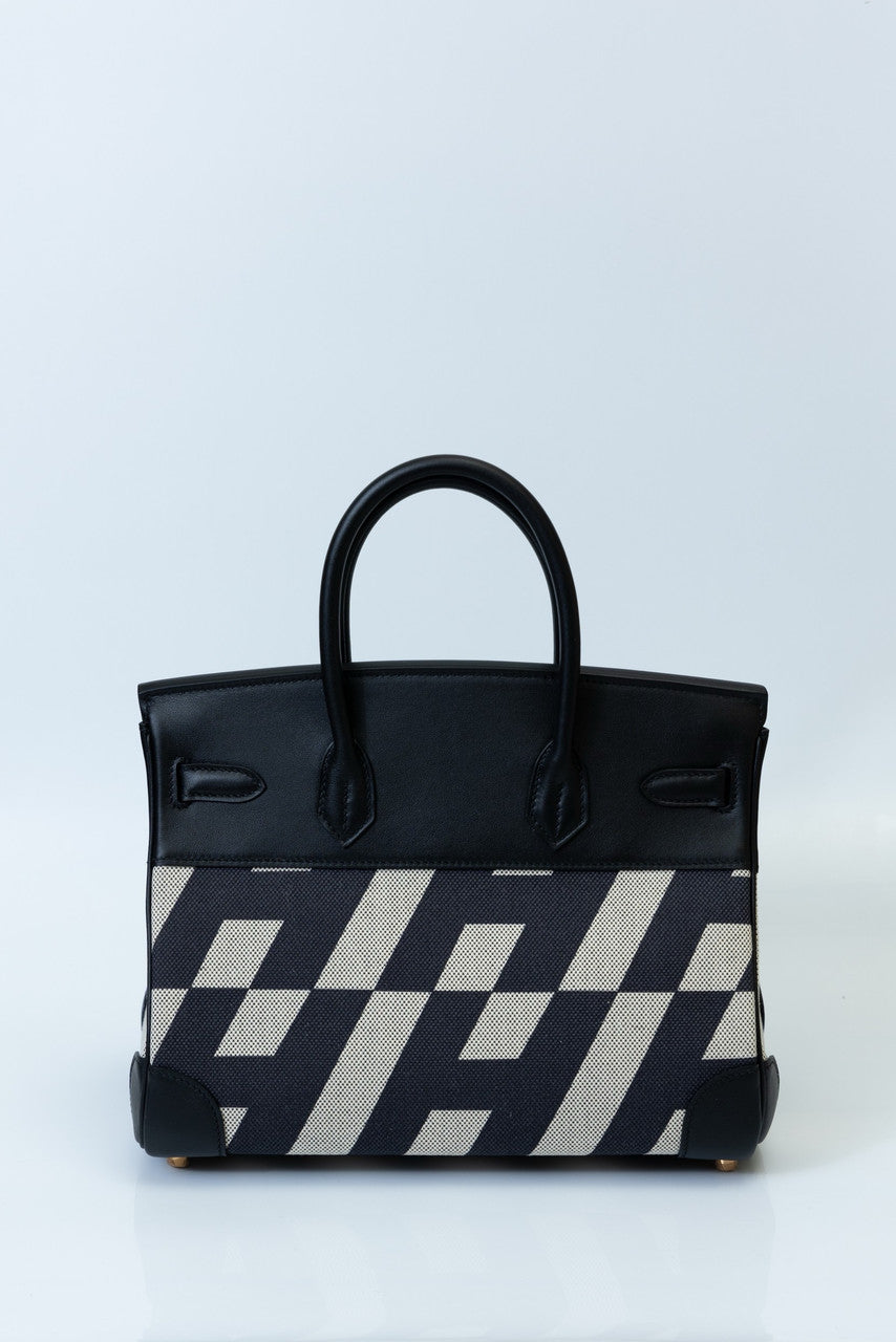 Hermes BIRKIN 35 BLACK COURCHEVEL WITH PAINTED ULYSSES TOILE CANVAS & GOLD HARDWARE