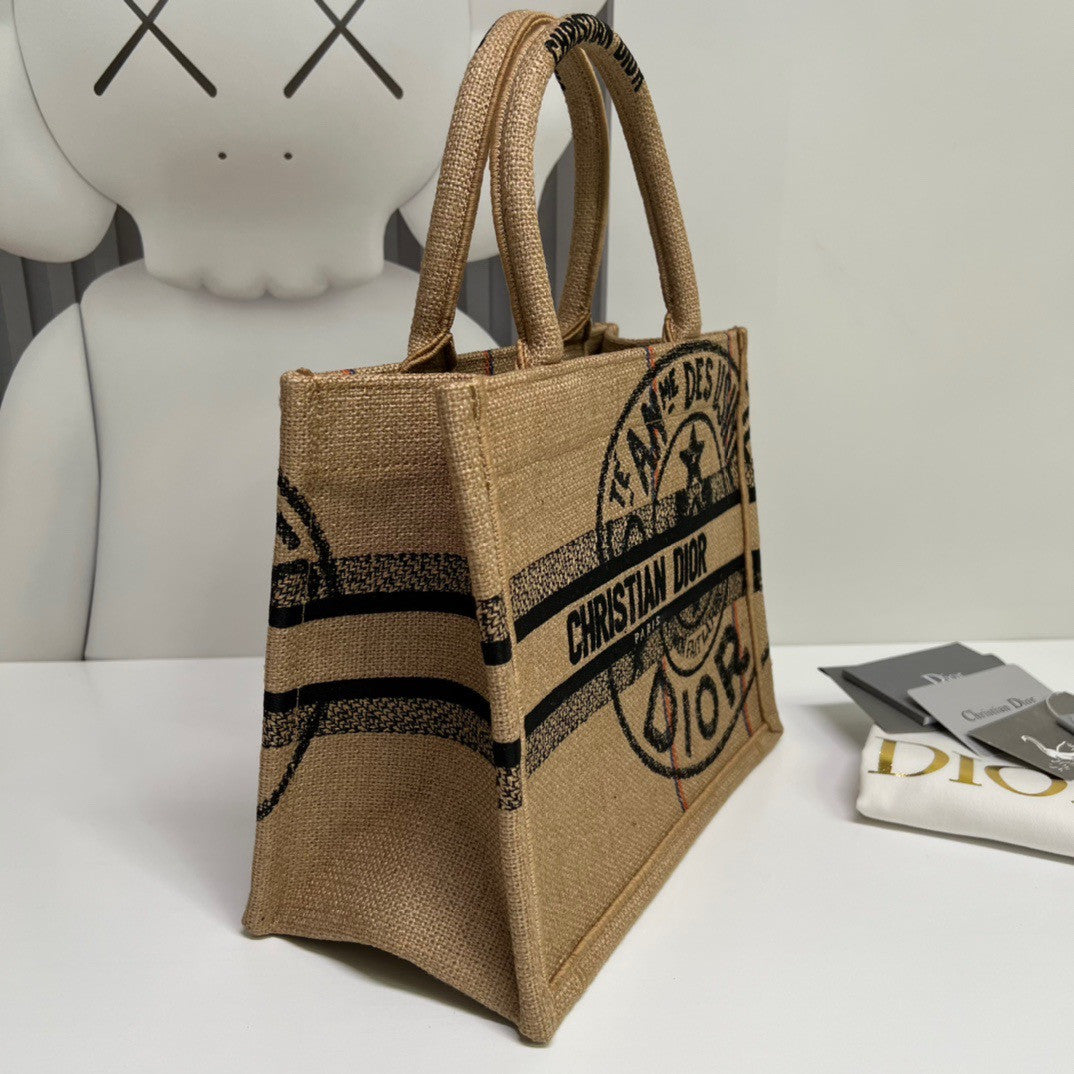 CHRISTIAN DIOR MEDIUM DIOR BOOK TOTE Beige Jute Canvas Embroidered with Dior Union Motif