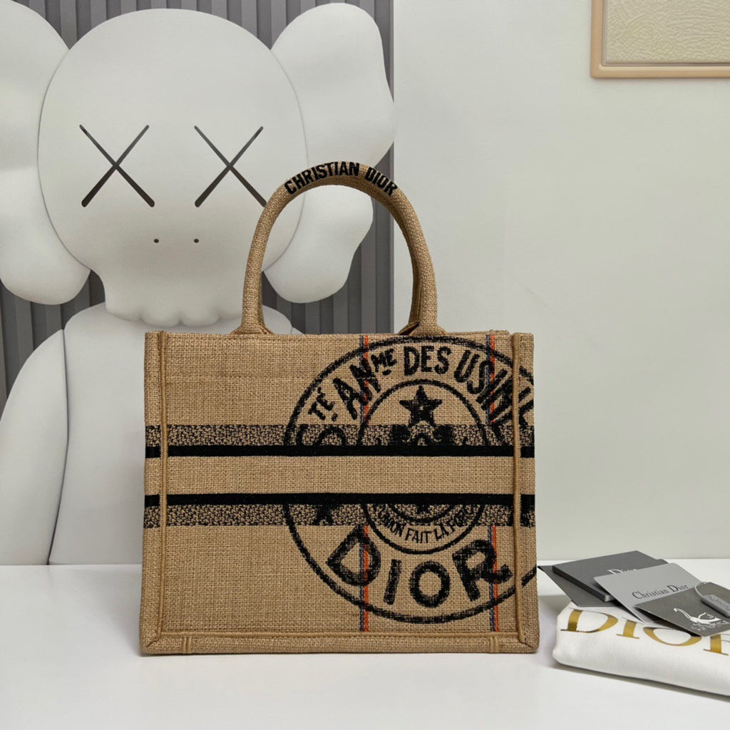 CHRISTIAN DIOR MEDIUM DIOR BOOK TOTE Beige Jute Canvas Embroidered with Dior Union Motif