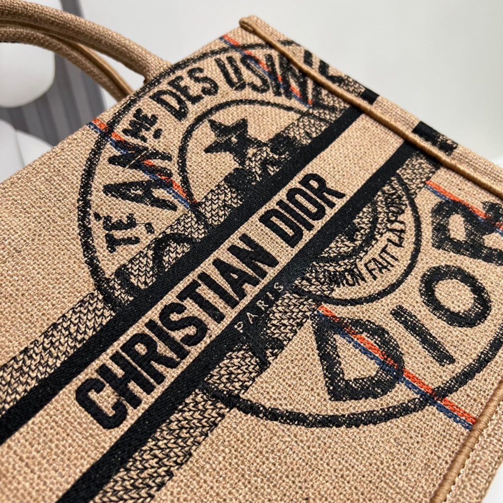 CHRISTIAN DIOR MEDIUM DIOR BOOK TOTE Beige Jute Canvas Embroidered with Dior Union Motif