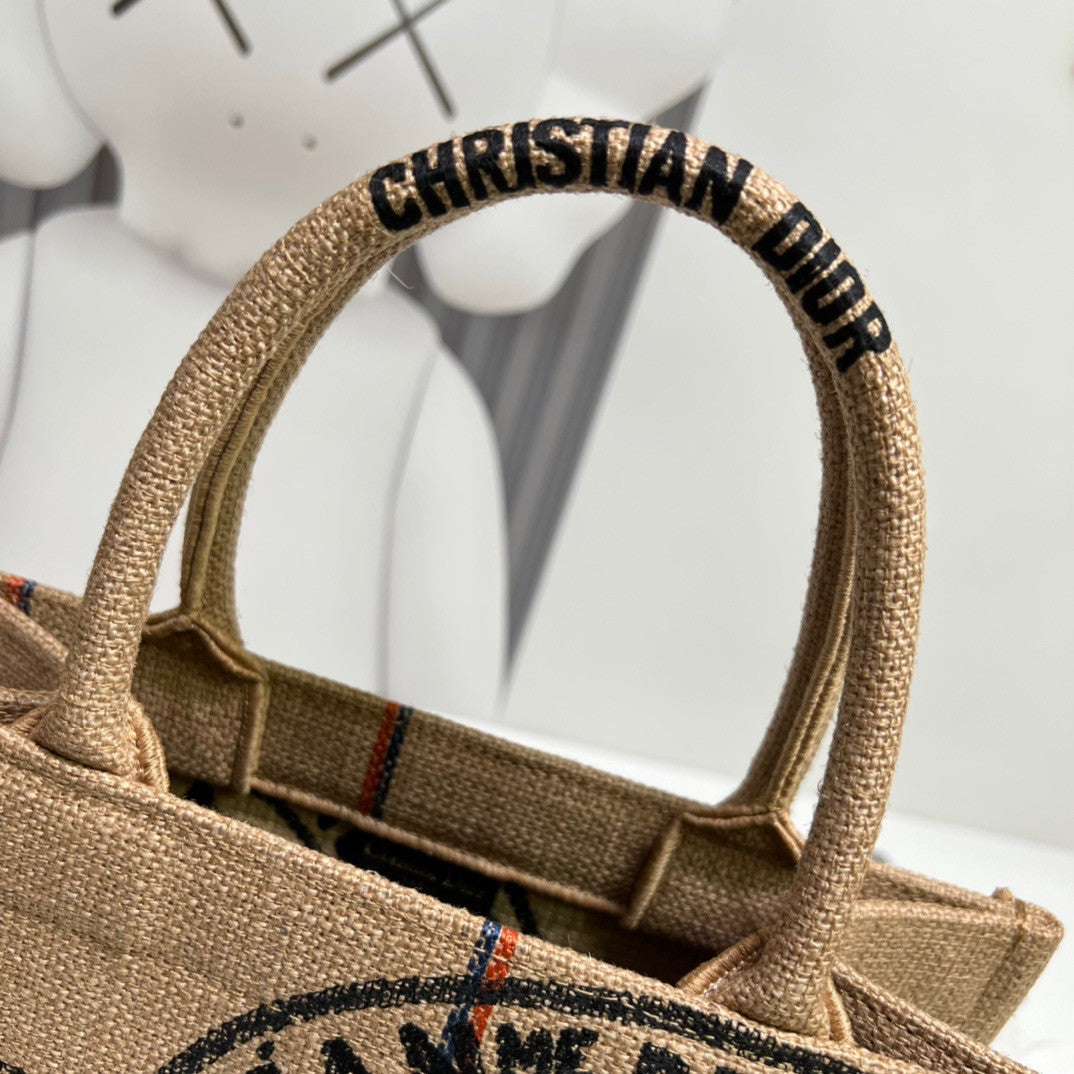 CHRISTIAN DIOR MEDIUM DIOR BOOK TOTE Beige Jute Canvas Embroidered with Dior Union Motif