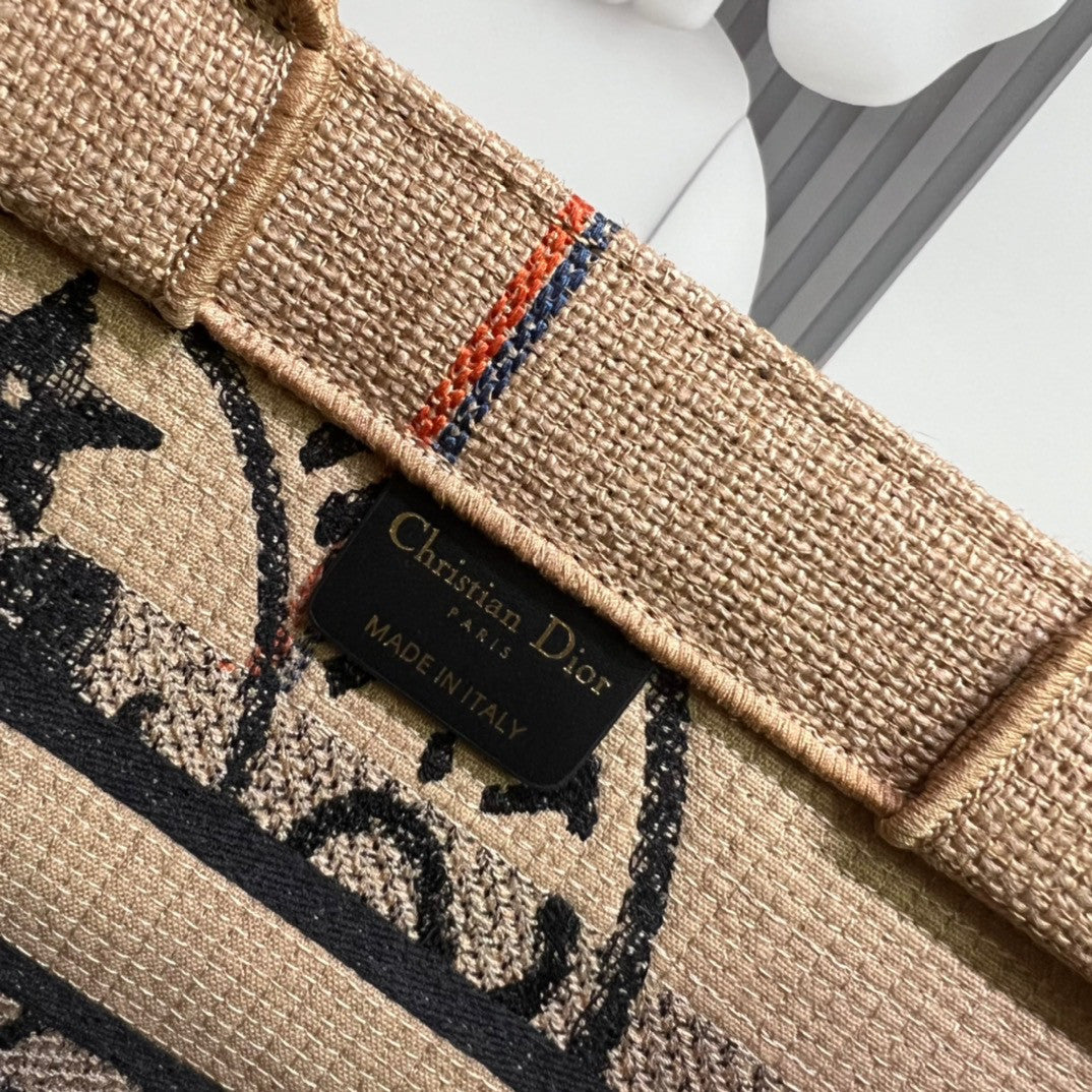 CHRISTIAN DIOR MEDIUM DIOR BOOK TOTE Beige Jute Canvas Embroidered with Dior Union Motif