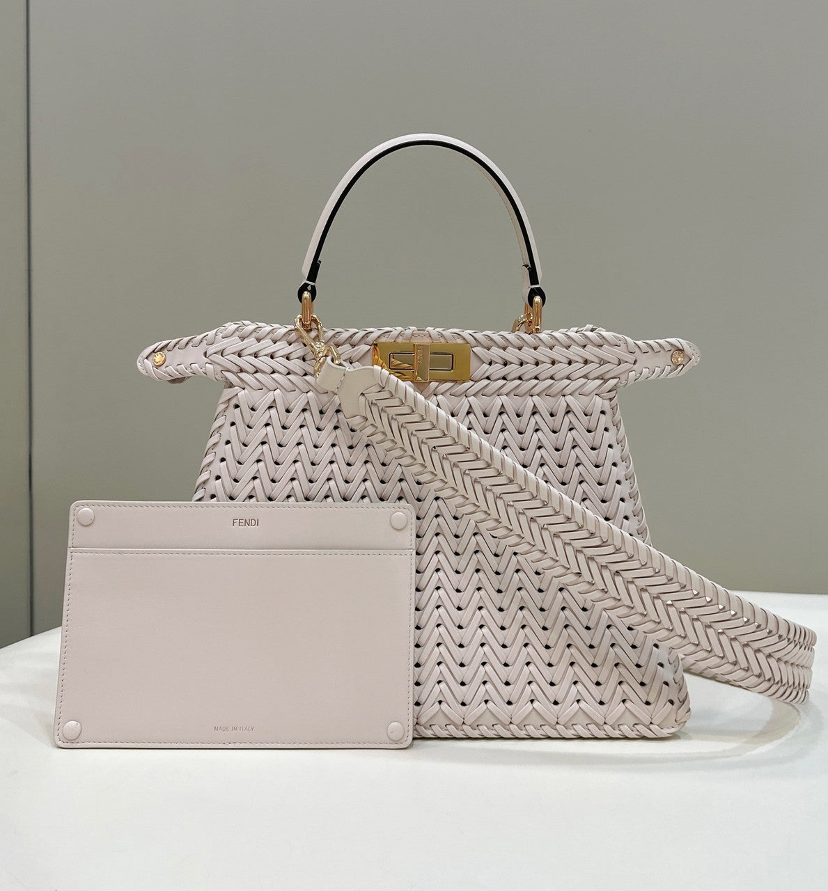Fendi Peekaboo ISeeU Petite Crate interlaced leather bag with Selleria waxed thread