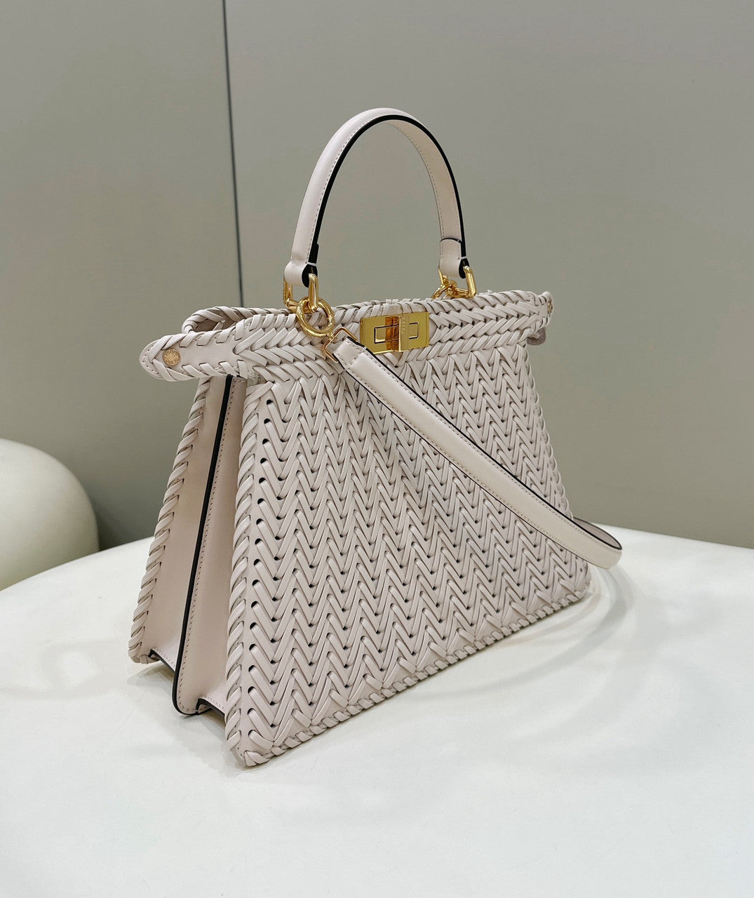 Fendi Peekaboo ISeeU Petite Crate interlaced leather bag with Selleria waxed thread