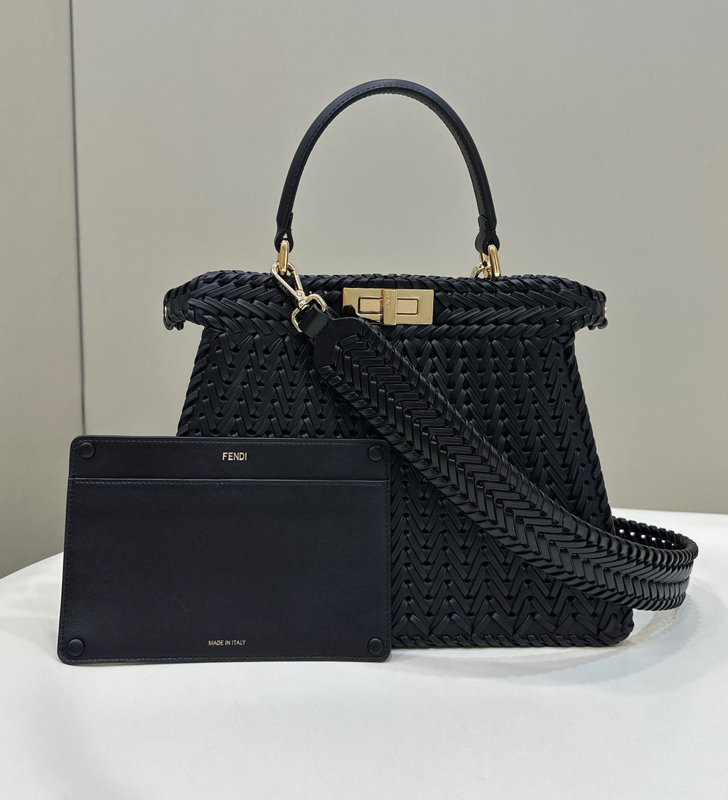 Fendi Peekaboo ISeeU Petite Black interlaced leather bag with Selleria waxed thread