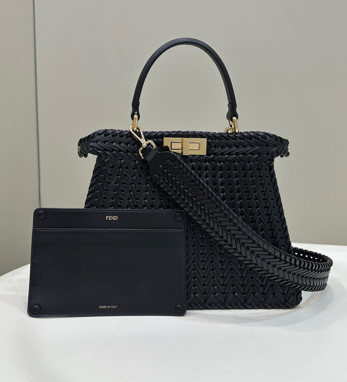 Fendi Peekaboo ISeeU Petite Black interlaced leather bag with Selleria waxed thread