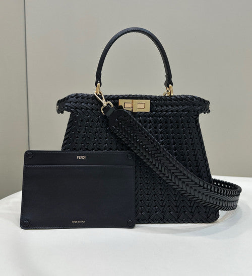 Fendi Peekaboo ISeeU Petite Black interlaced leather bag with Selleria waxed thread