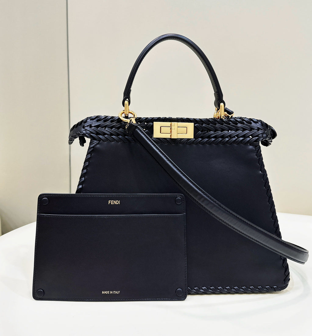 Fendi Peekaboo ISeeU Petite Black interlaced leather bag with Selleria waxed thread