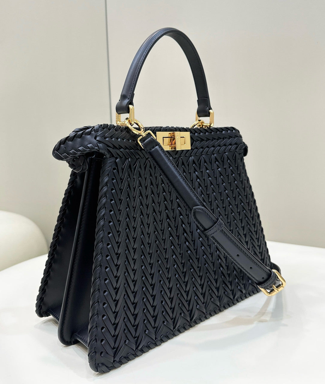 Fendi Peekaboo ISeeU Petite Black interlaced leather bag with Selleria waxed thread
