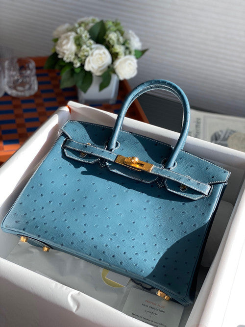 Hermes Blue Jean Birkin Bag 30cm KK Ostrich Leather Gold Hardware