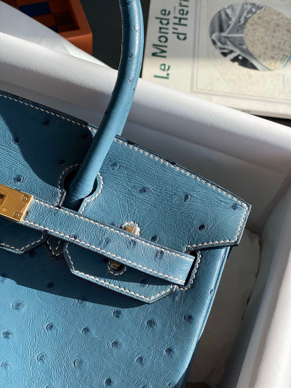 Hermes Blue Jean Birkin Bag 30cm KK Ostrich Leather Gold Hardware