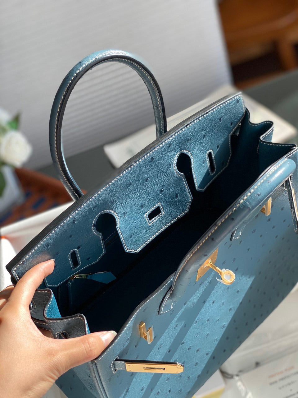 Hermes Blue Jean Birkin Bag 30cm KK Ostrich Leather Gold Hardware