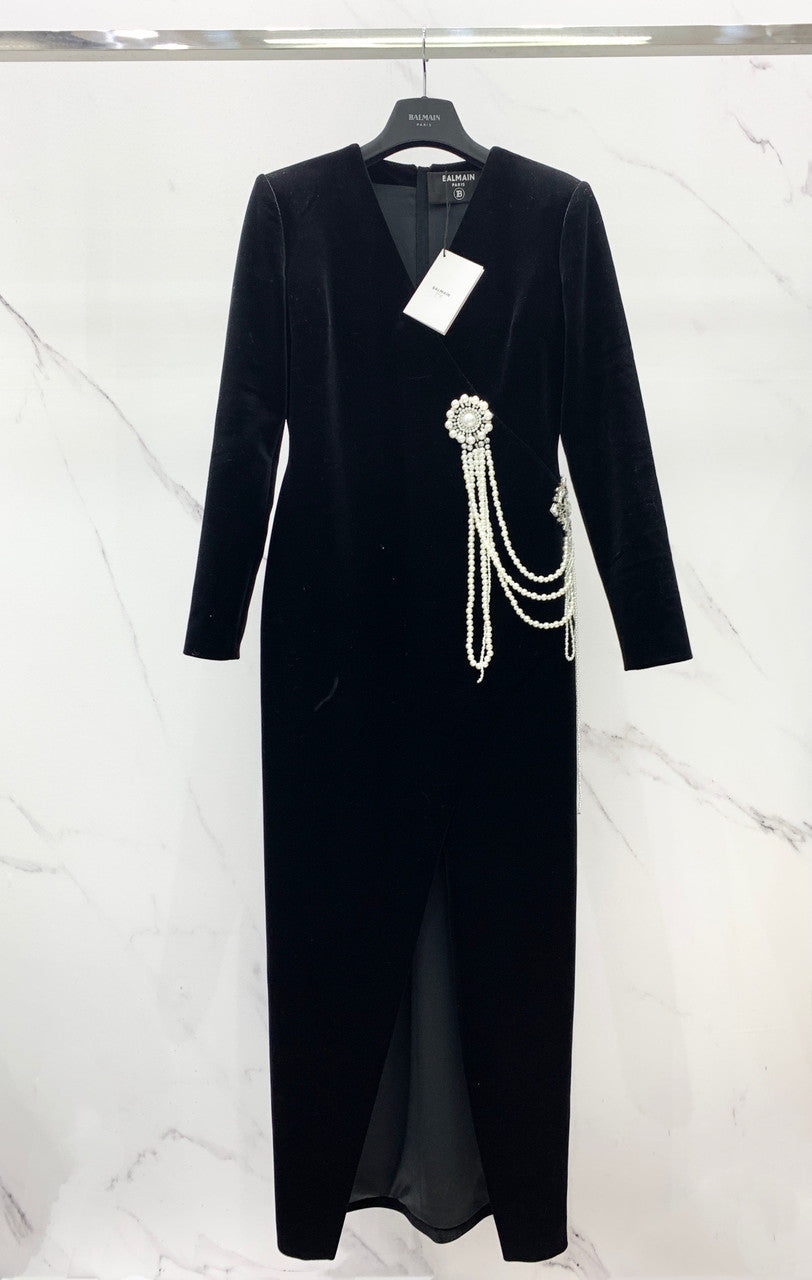 Blamain Long velvet dress with embroidery