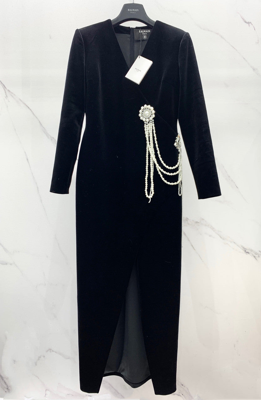 Blamain Long velvet dress with embroidery