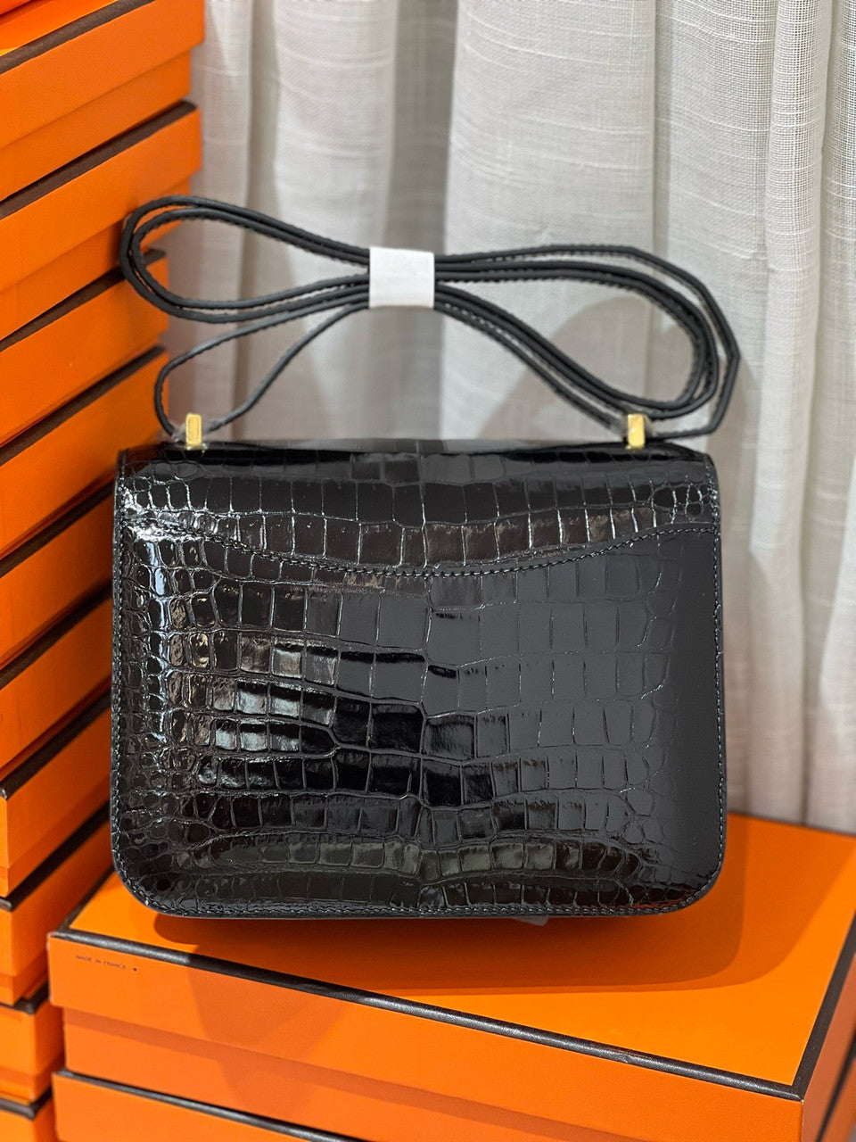 HERMES SHINY BLACK POROSUS CROCODILE MINI CONSTANCE 18 WITH GOLD & DIAMOND HARDWARE