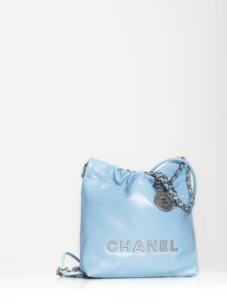 CHANEL 22 MINI HANDBAG SILVER LOGO SS2023 BABY BLUE
