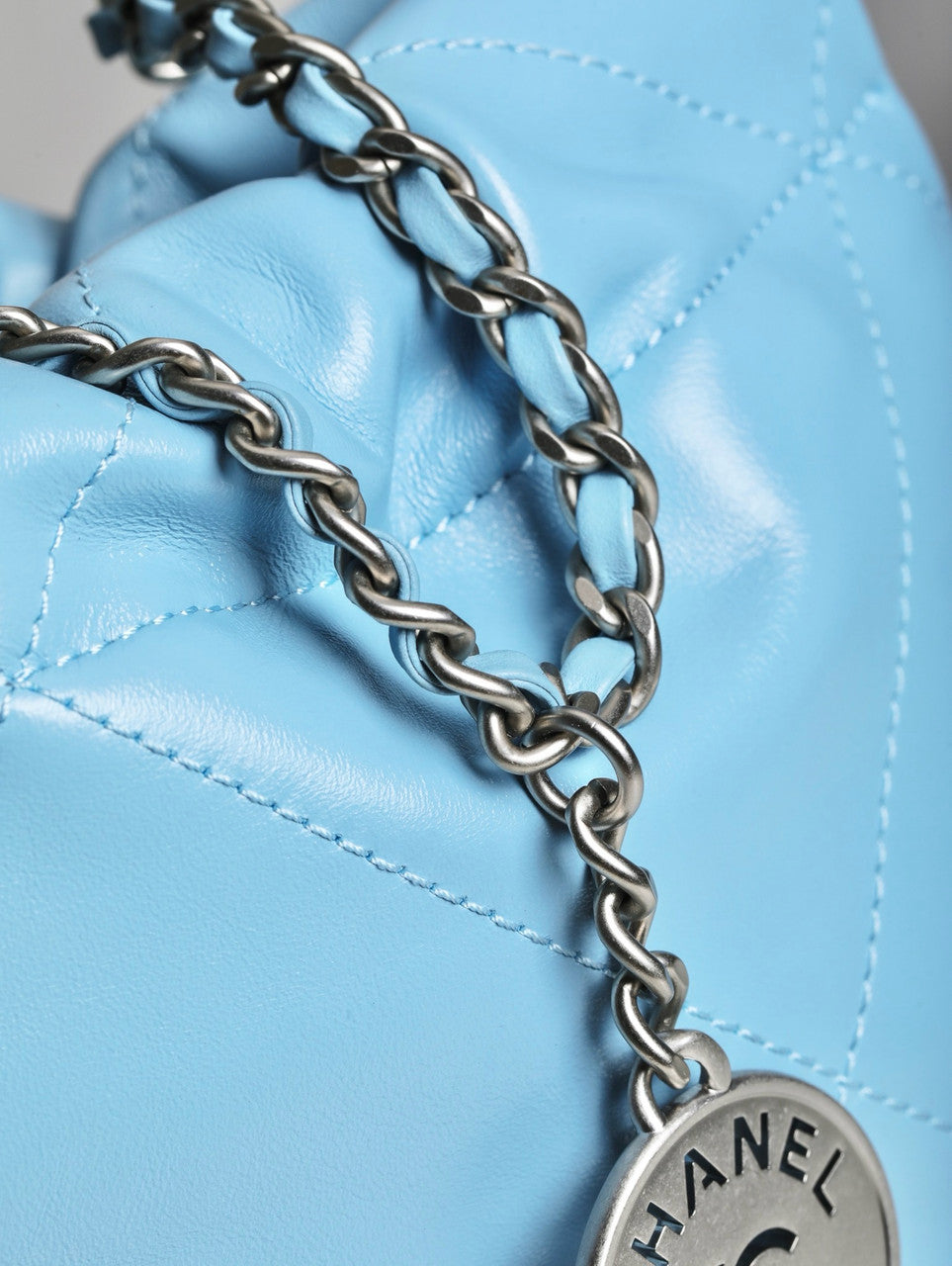 CHANEL 22 MINI HANDBAG SILVER LOGO SS2023 BABY BLUE