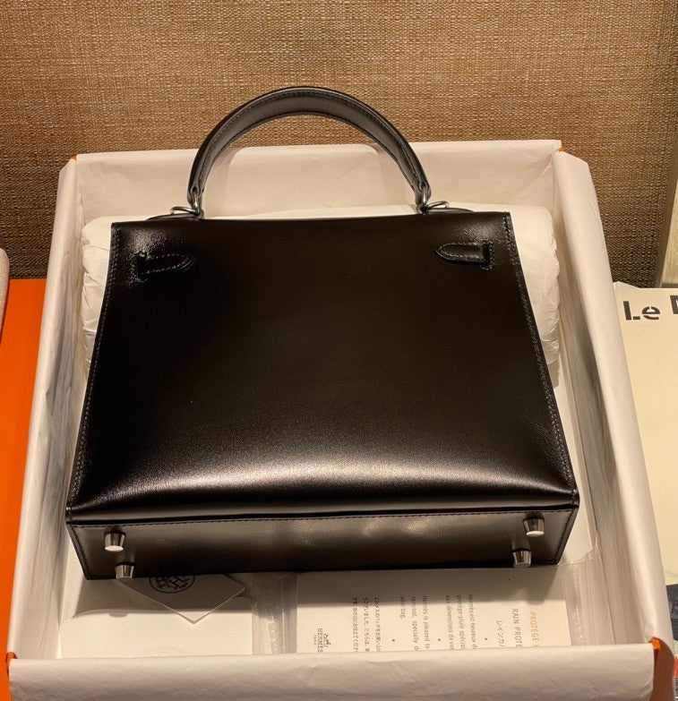 Hermes Black Sellier Kelly Bag Box Leather PHW 28 cm