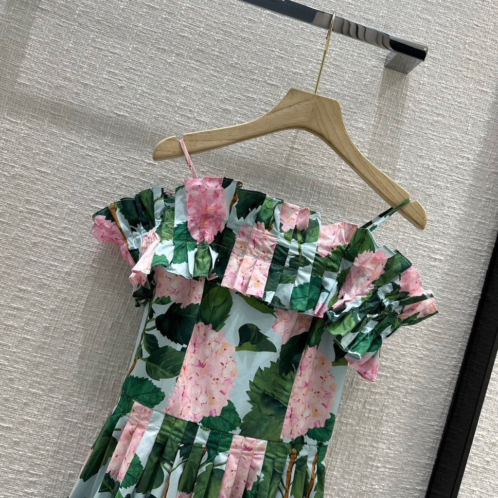 Oscar de la Renta  RUFFLE DETAIL HYDRANGEA OFF SHOULDER MINI DRESS