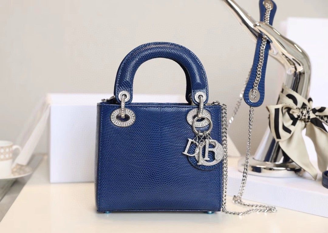 Christian Dior Lady Dior Mini Lizard Hardware with Crystals Blue