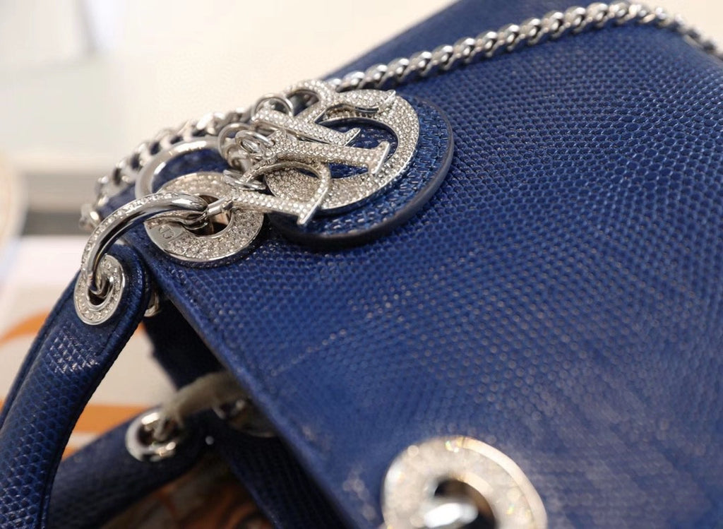 Christian Dior Lady Dior Mini Lizard Hardware with Crystals Blue