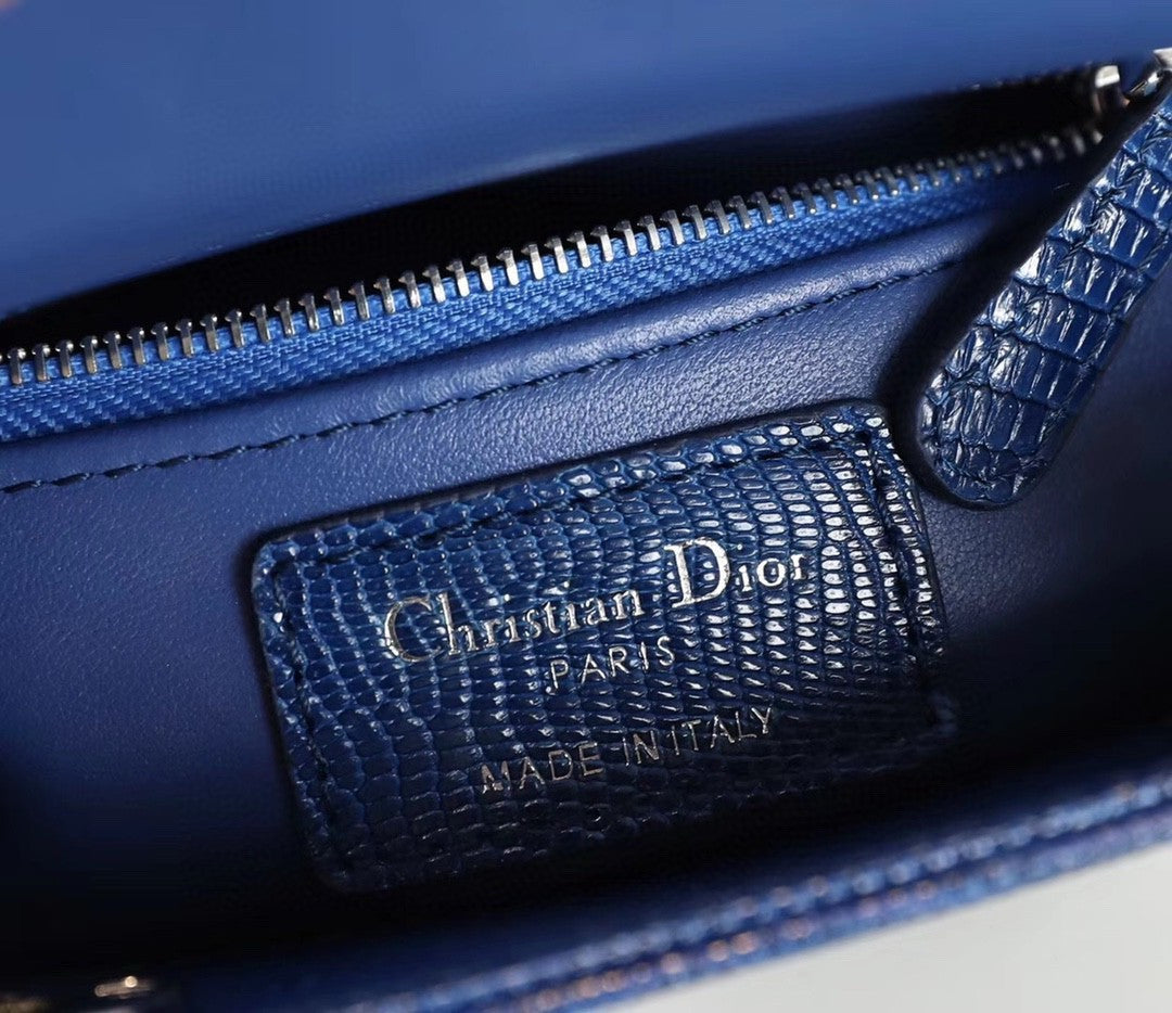 Christian Dior Lady Dior Mini Lizard Hardware with Crystals Blue
