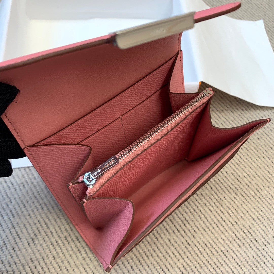 Hermes Constance Compact Passant wallet Sakura Pink Epsom Leather with Palladium Hardware