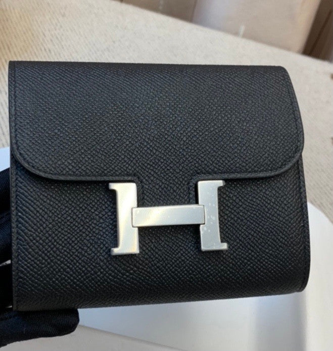 Hermes Constance Compact Passant wallet Black Epsom Leather with Palladium Hardware