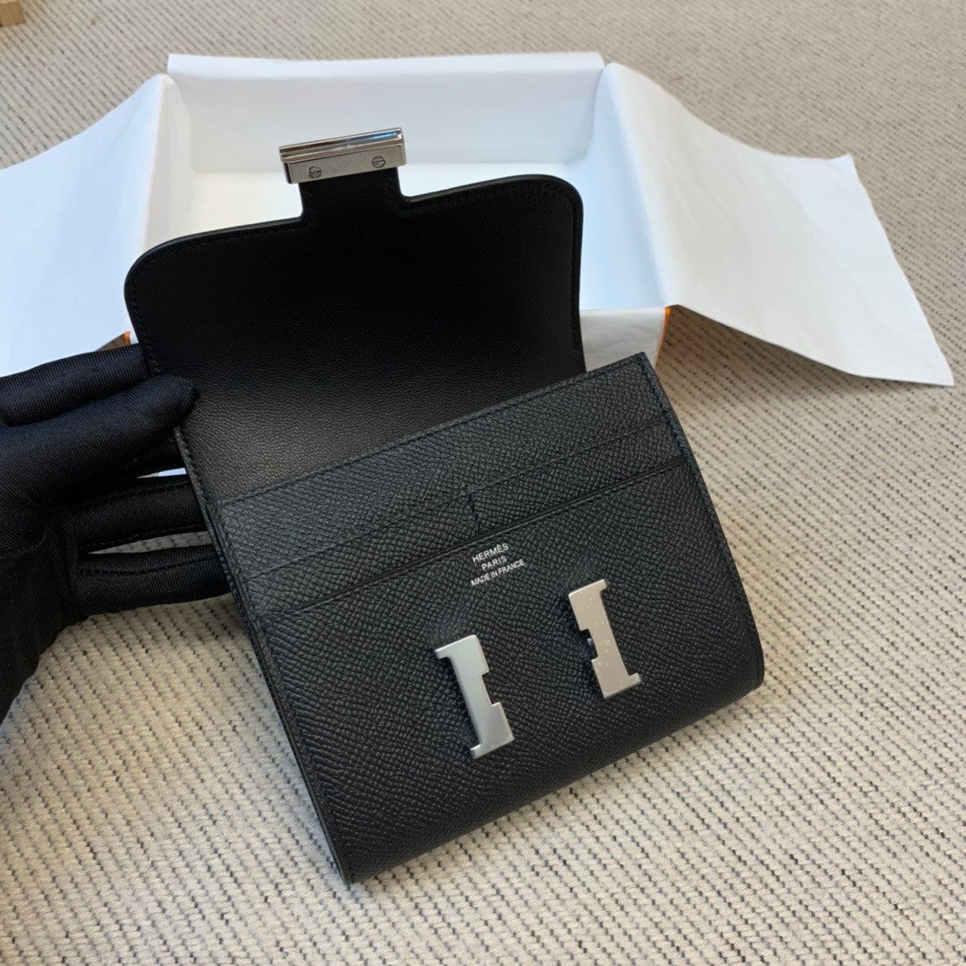 Hermes Constance Compact Passant wallet Black Epsom Leather with Palladium Hardware