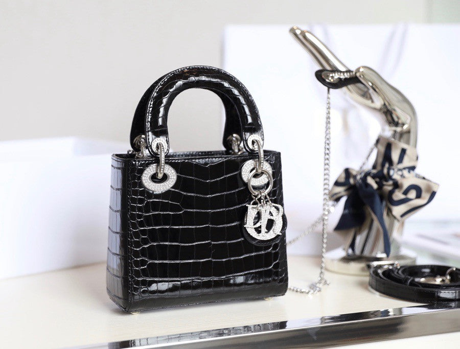 Christian Dior Lady Dior Mini Crocodile Silver Hardware with Crystals Black
