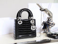 Christian Dior Lady Dior Mini Crocodile Silver Hardware with Crystals Black