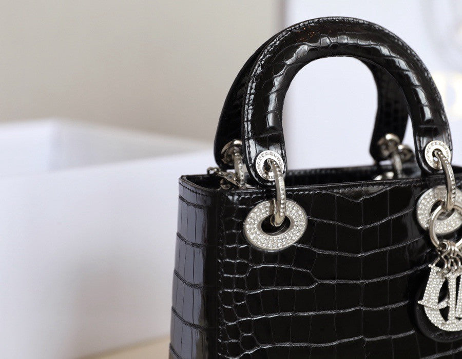Christian Dior Lady Dior Mini Crocodile Silver Hardware with Crystals Black