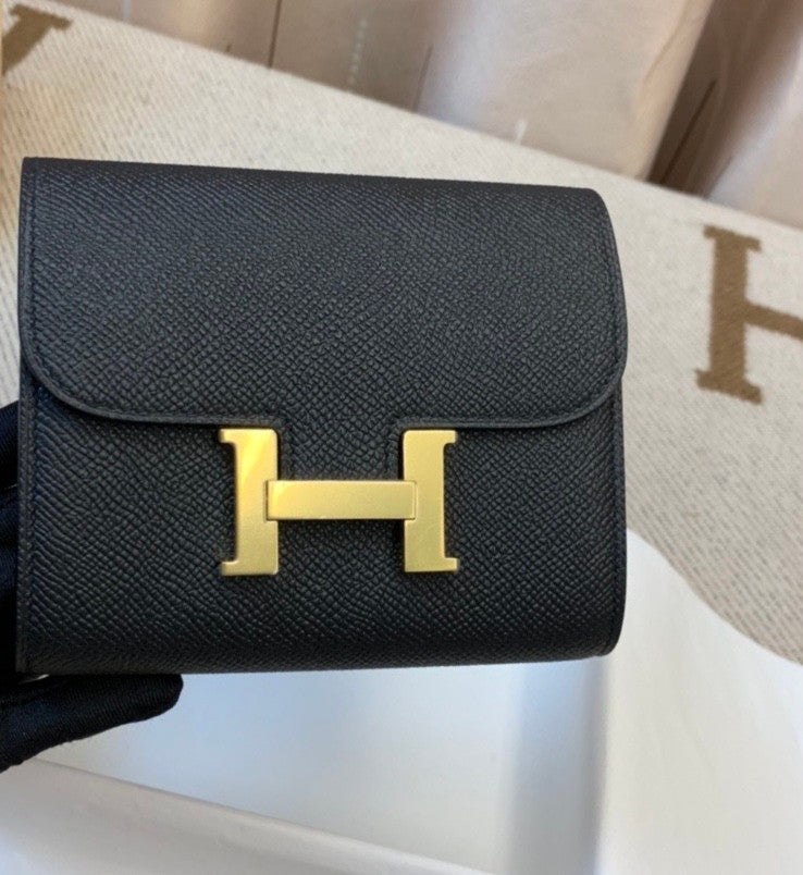 Hermes Constance Compact Passant wallet Black Epsom Leather with Gold Hardware