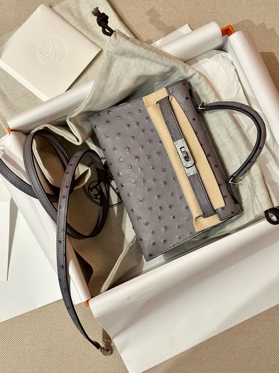 Hermès Kelly 20 Mini II Sellier Gris Agate Ostrich Gold Hardware