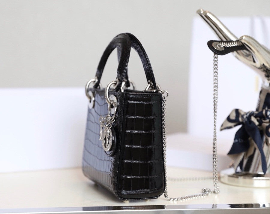 Christian Dior Lady Dior Mini Crocodile Silver Hardware with Crystals Black